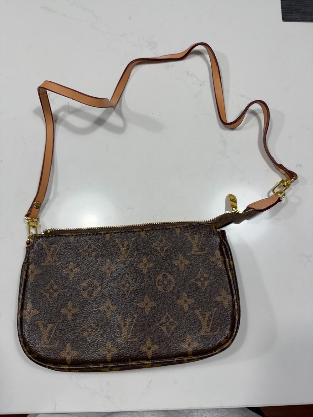 Louis Vuitton Brown Monogram Crossbody Pochette with Tan Strap
